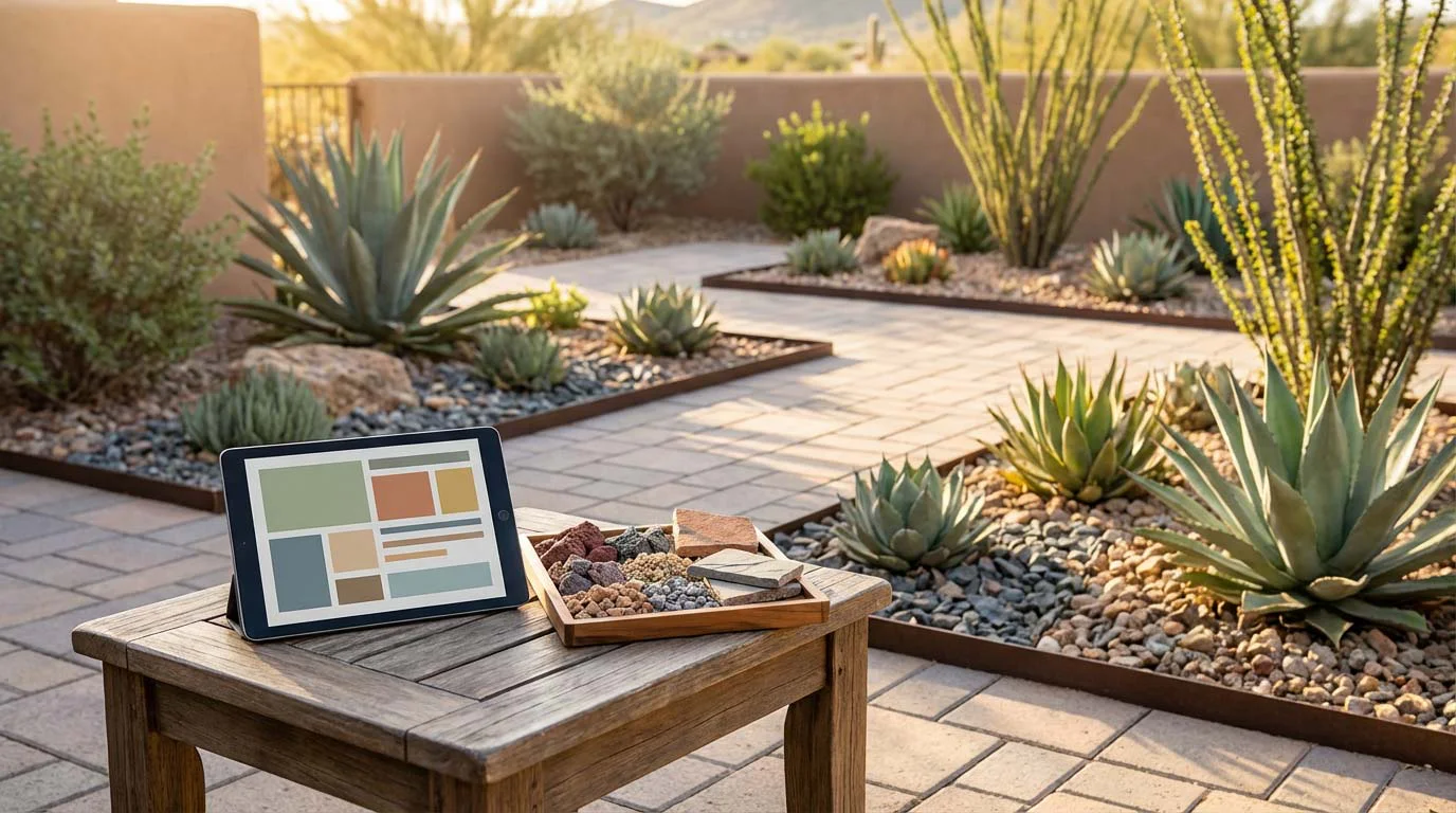 A Southwestern scene with a laptop and rocks.